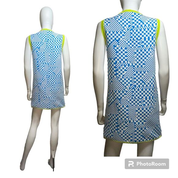 Zara Blue White Checker Print Neon Trim Knit Mod Sleeveless Mini Dress Size S - Picture 3 of 8